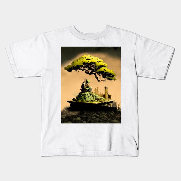 Contemplating the Complexities Under the Japanese Bonsai Tree No. 1 with background Kids T-Shirt by Puff Sumo